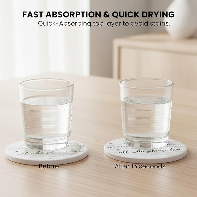 Christian Coasters Set of 6 with Holder– Ceramic Absorbent Drink Coasters for Coffee Table Desk, Modern Cute Moisture Absorbing Coasters, Christian Gifts Alternative to Cork, Silicone or Glass Coaster