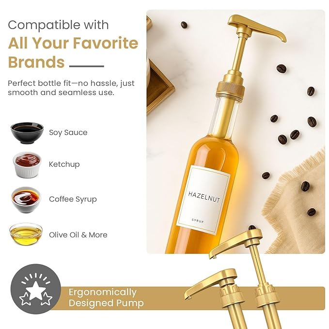 12-Pack Gold Plastic Bottle Syrup Pumps – Fits 750ml / 25.4 oz Bottles – Compatible with Torani & More – IMPORTANT: Will Not Fit Glass Bottles – Coffee Syrup Dispenser.