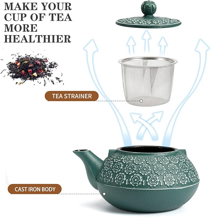 Sotya Cast Iron Teapot, 30oz/900ml Japanese Tetsubin Tea Pot with Infuser for Loose Leaf and Tea Bags, Tea Kettle Coated with Enameled Interior for Stove Top, Dark Green
