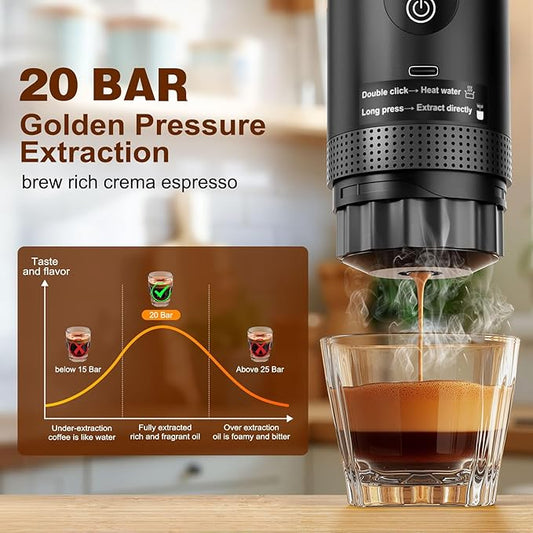 Portable Coffee Maker for Travel, 20 bar Mini Travel Car Espresso Machines, 3-in-1 Self-Heating Electric Espresso Maker, USB-C Ground Coffee & Capsule Pod(Ns&DG) RV, Hiking
