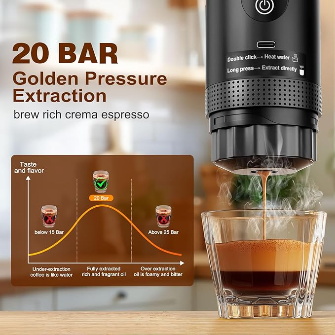 Portable Battery Espresso Coffee Maker for Travel, 20 bar Mini Car Espresso Machines, 3-in-1 Self-Heating Electric Espresso Maker, USB-C Ground Coffee & Capsule Pod(Ns&DG) RV, Hiking, Office