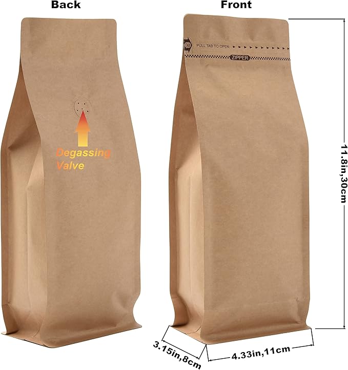 Pack of 50 Kraft Paper Coffee Bag with One-Way Degassing Valve, Stand-up Resealable Zipper Lock, High Barrier Side Gusset Coffee Package Bags, Size 4.33 x 3.15 x 11.8" for 16oz/1lb/500g