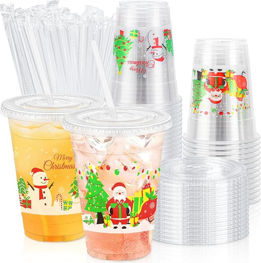 Lamosi 50 Pack 16 oz Christmas Clear Plastic Cups with Lids and Straws, Disposable Snowman Santa Plastic Coffee Cups with Lids for Family Gatherings, Wedding, Parties