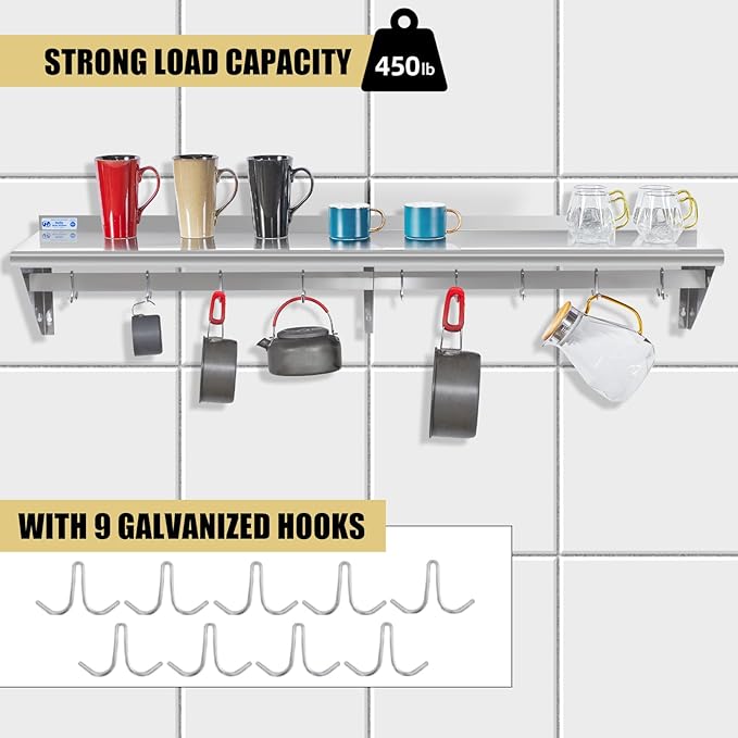 Hally Stainless Steel Shelf with 8 Hooks 14" x 72" Wall Mounted Pot Rack 400lb, NSF Commercial Floating Shelving for Storage Hanging Pots, Pans, cookware in Restaurant, Kitchen, Home and Hotel