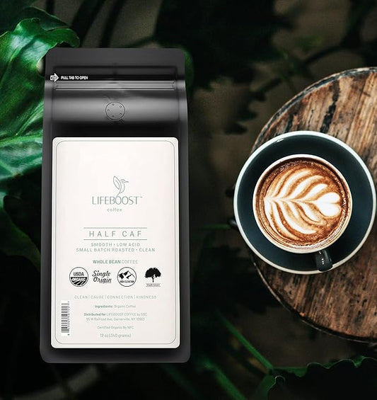 Lifeboost Half Caff Medium Roast Whole Bean Coffee - Low Acid Organic Coffee, Non-GMO, USDA Organic, Single Origin, Third-Party Tested for Mycotoxins & Pesticides - 12 oz Bag