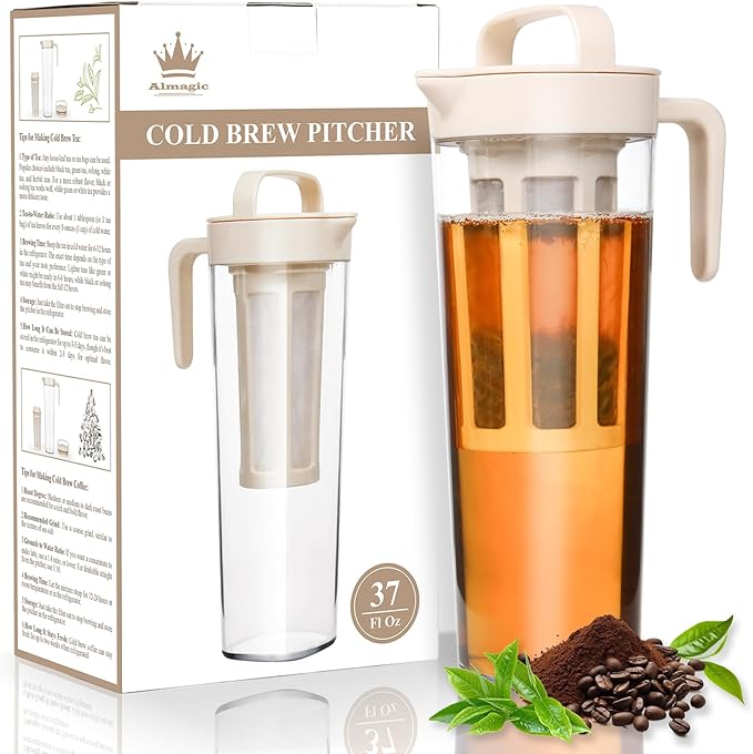 Cold Brew Tea Pitcher, Cold Brew Coffee Maker – 37 Fl Oz BPA-Free PP Pitcher with Durable Mesh Filter, Leak-Proof Cap, Comfortable Handle – Perfect for Fridge Side Door Storage & Ice Drinks