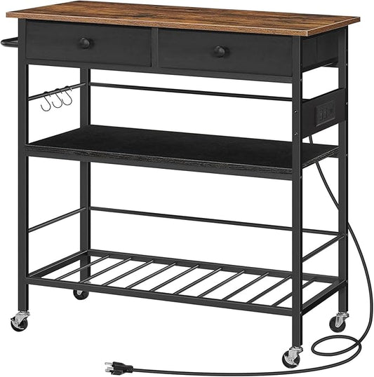 HOOBRO Kitchen Island with Storage, Rolling Island Cart for Kitchen with 2 Drawers & Outlet, 3 Tier Coffee Station and Microwave Stand, Kitchen Island Table for Home, Rustic Brown and Black FB08UZD01