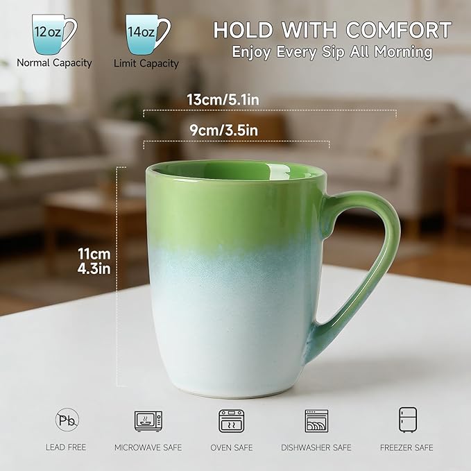 MONITO 14 OZ Coffee Mugs Set of 6, Large Ceramic Coffee Mugs，Modern Coffee Mugs Set with handle for Tea/Latte/Cappuccino/Milk/Cocoa, Funny Tea Cups for Office and Home (White-green)