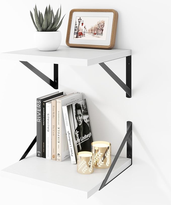 Deep Floating Shelves Wall Mounted, 12"x12" White Wall Shelves with Brackets Set of 2 for Bedroom, Living Room, Bathroom, Kitchen, Office - Storage & Display Shelf for Decor, Books, Plants