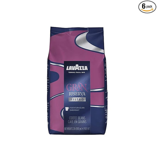Lavazza Gran Riserva Filtro Whole Bean Coffee Dark Roast 2.2LB Bag, 100% Natural Arabica, Authentic Italian, Cocoa and Caramel aromatic notes (Pack of 6)