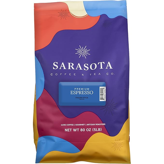 Sarasota Coffee Ground Espresso | Dark Roast Gourmet Coffee Grounds | Low Acid, Mold Free, Specialty Grade, Bulk Ground Espresso Coffee | 5lb (80 oz)