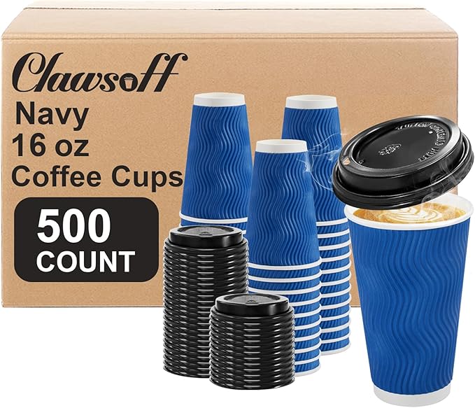 Clawsoff 500 Pack Coffee Cups with Lids 16oz, Disposable Insulated Ripple Wall To Go Paper Coffee Cups for Hot/Cold Drinks Office Home Shop Event (Navy)