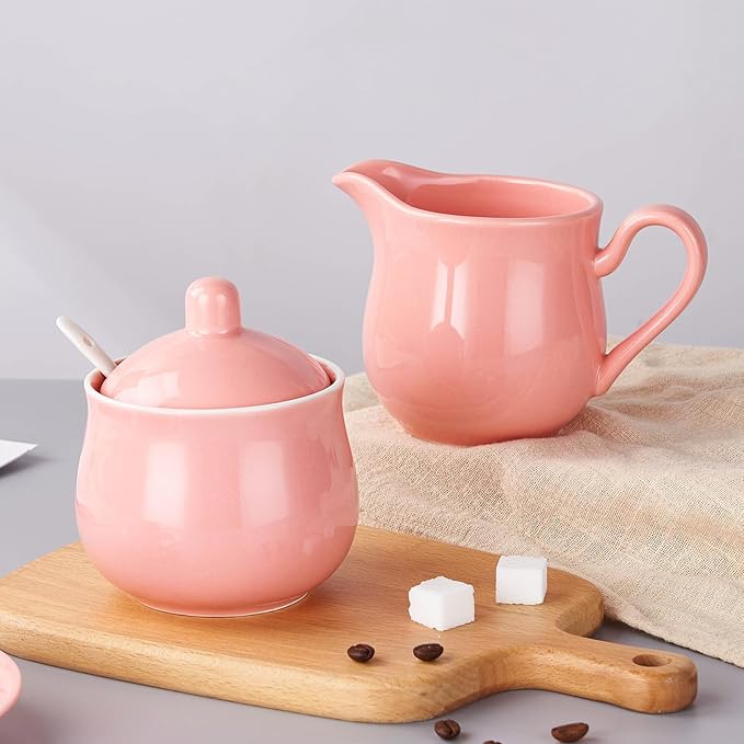 12 OZ Ceramic Sugar and Creamer Set, Coffee Serving Set, 3 Piece Cream Pitcher Sugar Bowl with Lid and Spoon (Pink)
