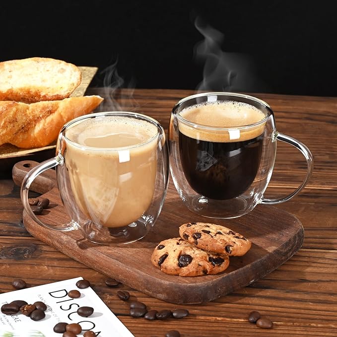Double Walled Glass Coffee Mugs 5 oz,Espresso Cups Set of 2, Clear Insulated Glass Coffee Cups, Expresso Shots Cup with Handle, Clear Coffee Mug, Espresso Shot Cups, Glass Cups