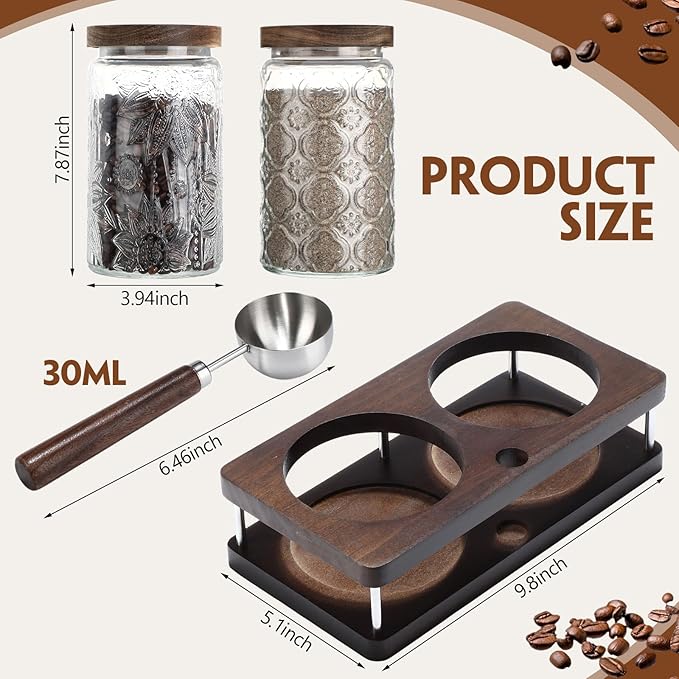 Suclain Glass Coffee Grounds Container with Shelf 2 x 34 oz Glass Coffee Bean Storage Canisters with Airtight Thread Lid and Measuring Spoon Food Storage Jars for Kitchen Sugar Nut