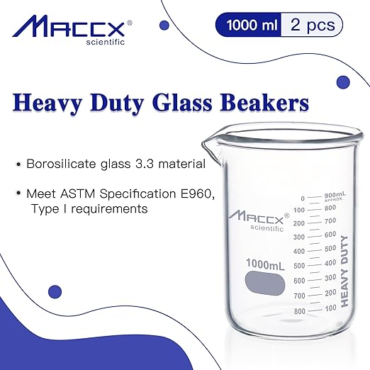 34oz(1000ml) Sturdy Glass Beaker Set, Heavy-Duty 1L Lab Beakers,3.3 Borosilicate Griffin Low Form with Printed Graduation, Pack of 2, BKL1K0-002