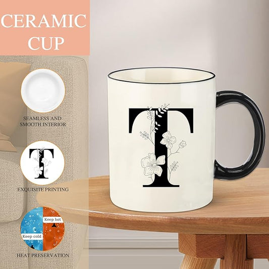 Monogram Ceramic Coffee Mugs, 11 oz Initial Drinking Cup with Gift Box, Unique Birthday Valentines Day Gifts for Women Wife Mothers Day Grandma Mom Aunt, T