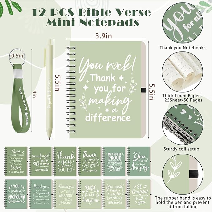 Skylety 12 Set/ 48 Pcs Employee Appreciation Gifts Bulk Thank You Inspirational Gift Set 16 oz Coffee Cups with Thank You Notebook Pen Keychain for Staff Team Teacher Coworker Friend (Green Gradient)