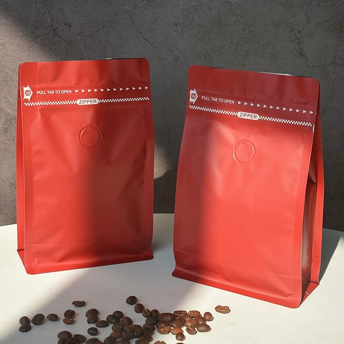 100 Count 8oz Red Coffee Bags with Aluminum Foil Liner, High Barrier Coffee Pouches with Degassing Valve, Ziplock Food Storage Bags with Pull Tape, Pack of 100, 6oz/0.5lb/250gram