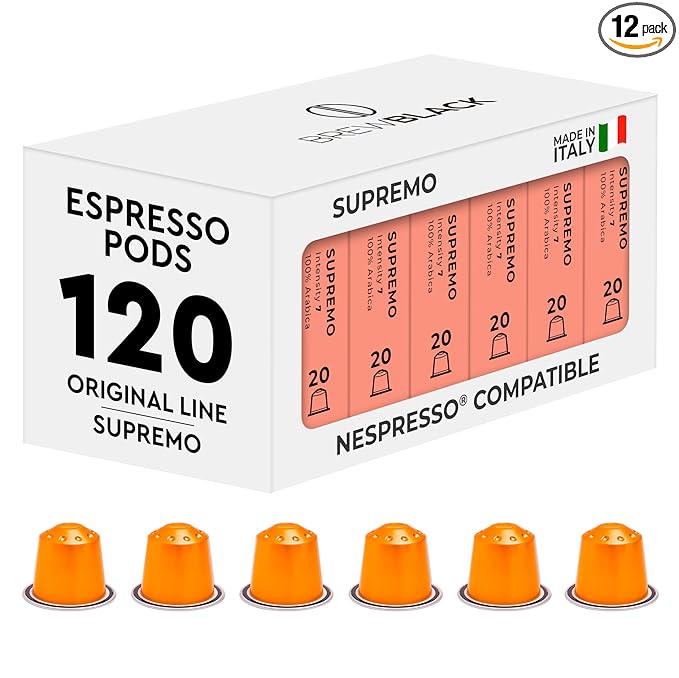 BrewBlack Supremo Coffee Capsules - 120 Aluminum Coffee Pods Compatible with Nespresso Original line, 100% Arabica Medium Roast - Intensity 7/12, Made in Italy