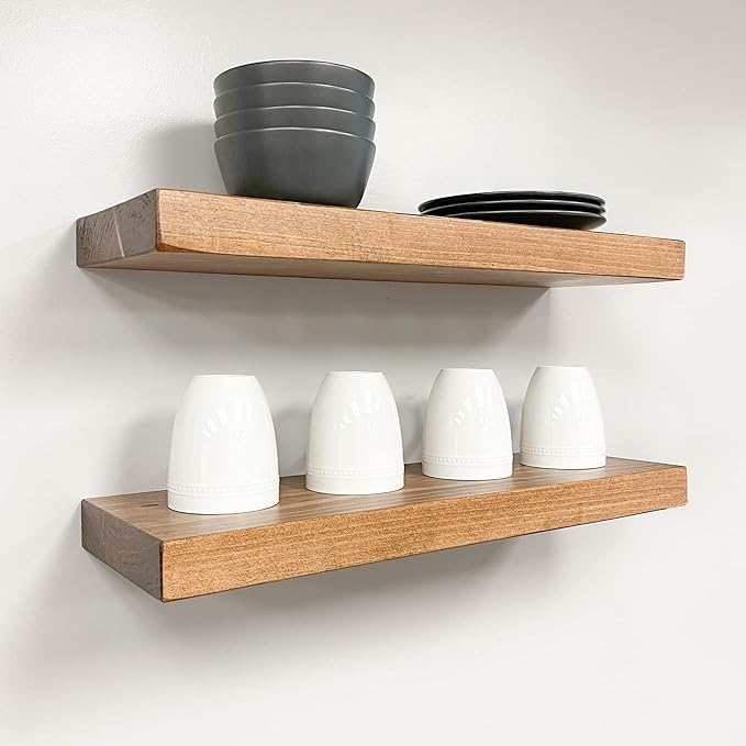 URBANDI, Rustic Floating Shelves, Set of 2, Hidden Bracket, Solid Wood, Heavy Duty, Wall Mounted Shelves, (Brown, 12Wx10D)