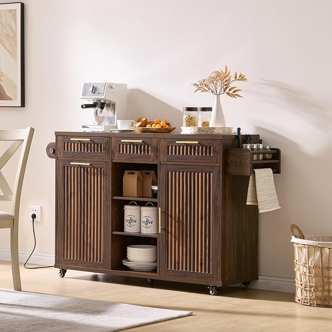 57" Kitchen Island with Storage — Kitchen Rolling Island with Trash Can Storage Cabinet, Power Outlet & Drop Leaf, Large Mobile Island Cart on Wheels with Spice & Towel Rack, Knife Holder (Walnut)