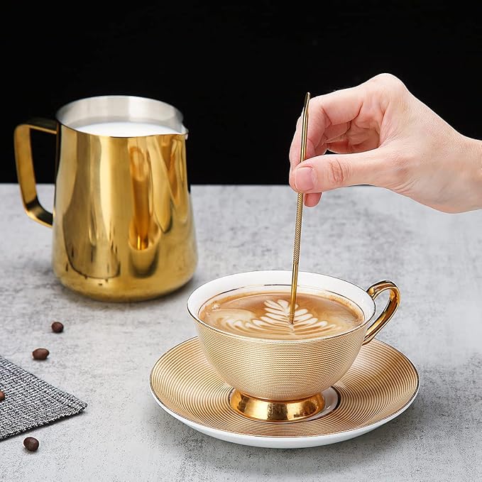 Milk Frothing Pitcher 21oz - 620ml, Kyraton Stainless Steel Espresso Steaming Pitchers with Decorating Pen,Milk Coffee Frother Cups Cappuccino Latte Art Barista Steam Pitchers Milk Jug Cup (Gold)