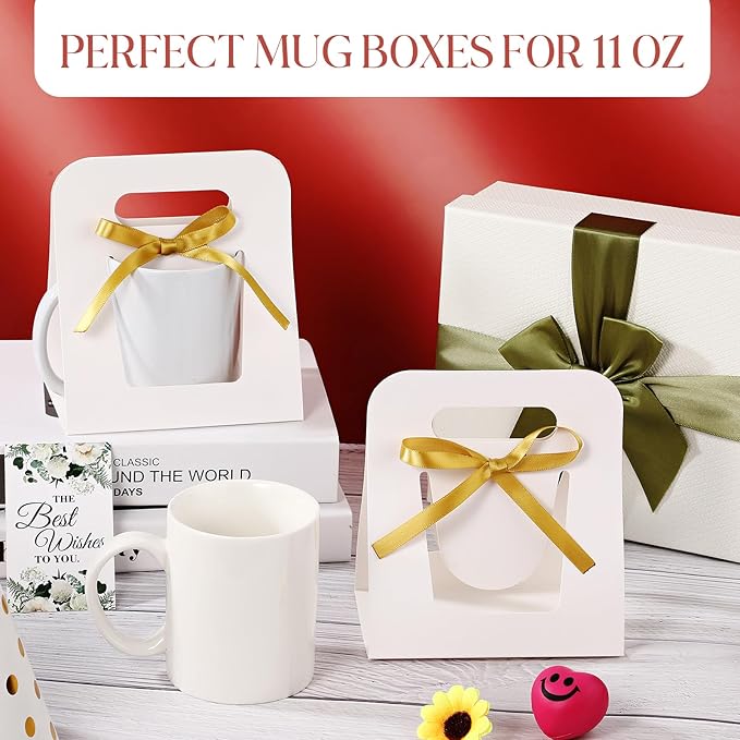 24 Pack Mug Boxes for Gifts 11 oz Coffee Mug Gift Boxes with 1 Roll Ribbon Sublimation Cups Packaging Bags for Sublimation Coffee Cups Blanks Wrapping(White)