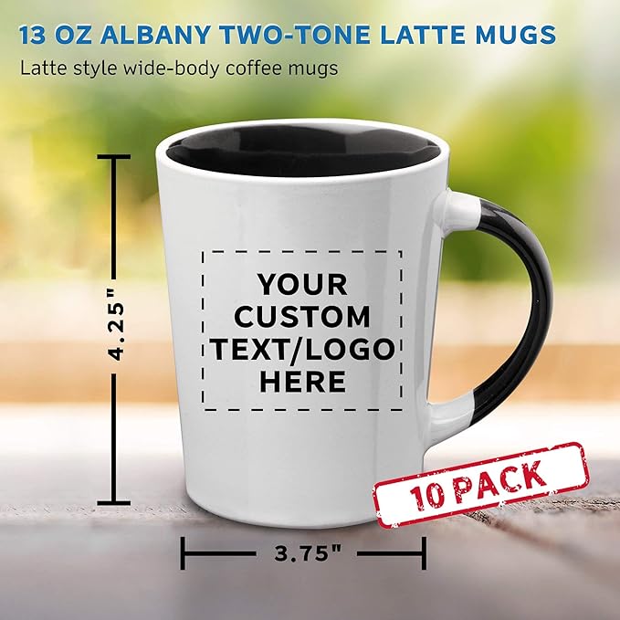 Custom Ceramic Latte Coffee Mugs by Albany 13 oz. Set of 10, Personalized Bulk Pack - Perfect for Coffee, Tea, Espresso, Hot Cocoa, Other Beverages - Black