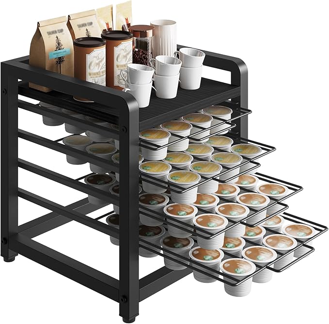 Coffee Pod Drawer Holder, 4 Tier Organizer for K Cup, 80 Pods Capacity, Spacious Storage Rack for K Cup, Space Saving, Easy Assembly, Black KH04BBY1