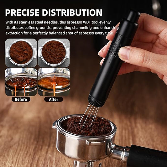 WDT Espresso Distribution Tool - Magnetic Espresso Stirrer Tool with Stainless Steel Retractable Needles, Coffee Needle Distribution Stirrer for Barista, with Extra 6 Needles (Black)