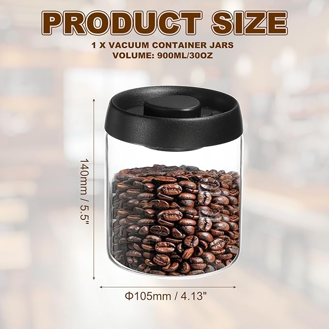 uxcell Coffee Vacuum Container, 900ml/30oz Glass Coffee Bean Storage Container with Lids for Spices Biscuits Loose Leaf Tea, Black