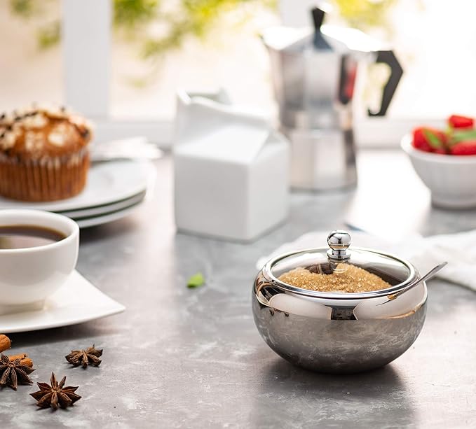 KooK Sugar Bowl with Lid and Spoon, Container with Lid, for Salt, Coffee, Holds 2 Cups, Dishwasher Safe, Stainless Steel, 16 Oz
