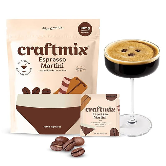 Craftmix Espresso Martini Cocktail & Mocktail Drink Mixer, Skinny Mixes - Water Flavoring Packets - Made With Real Coffee Beans - Vegan, Low-Carb, Low-Sugar, Non-GMO, Dairy Free, Gluten Free, 12 Pack