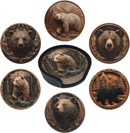 Bear Coasters for Drinks with Holder Round Leather Coasters Set of 6 Cups Mugs Mat Pad for Home Kitchen Bar