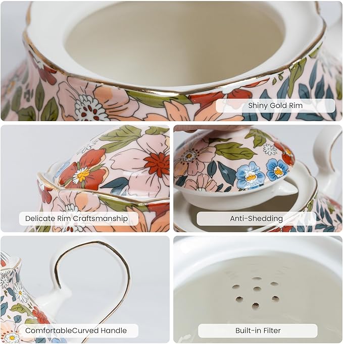 33.8 oz Porcelain Tea Pot Luxury Gold Trim Floral Ceramic Teapot Waterpot Tea Maker for Blooming Loose Leaf Tea Coffee Milk Chrismas Women Gift Housewarming Home Kitchen Décor (Vintage Pink)