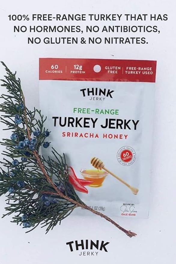Think Jerky Sriracha Honey Turkey Jerky, Chef Crafted Free Range Turkey, Gluten Free, No Antibiotics or Nitrates, Healthy Chef Crafted Recipe, Low Calorie and Low Fat - 1.0 oz Bags, 8 Pack