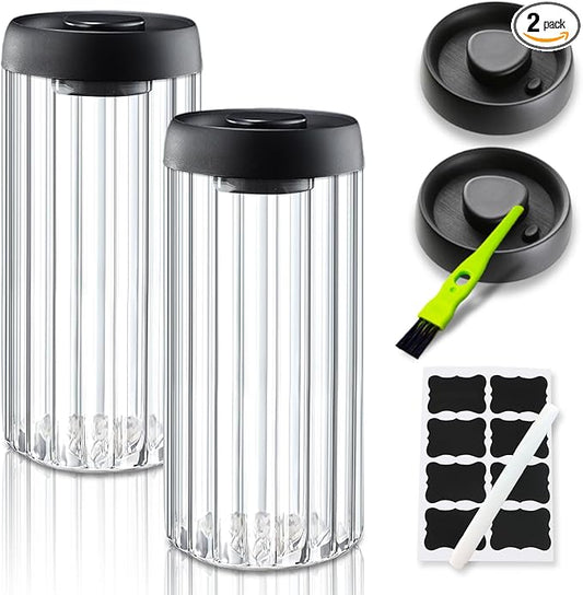 Vacuum Coffee Canister,2PCS 61FLOZ Borosilicate Glass Jar with Spare Airtight lid, Label and Brush, Coffee Bean Storage for Coffee Beans & Grounds Coffee(Clear Glass)