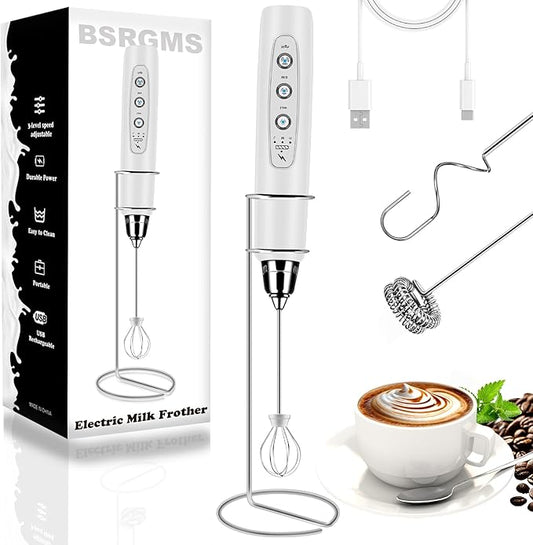 Milk Frother Handheld with Stand, Electric Whisk 3 Speed Adjustable, Drink Mixer with Stainless 3 Whisk, Rechargeable Hand Frother Wand, Foam Maker for Latte Cappuccino Hot Chocolate Egg White