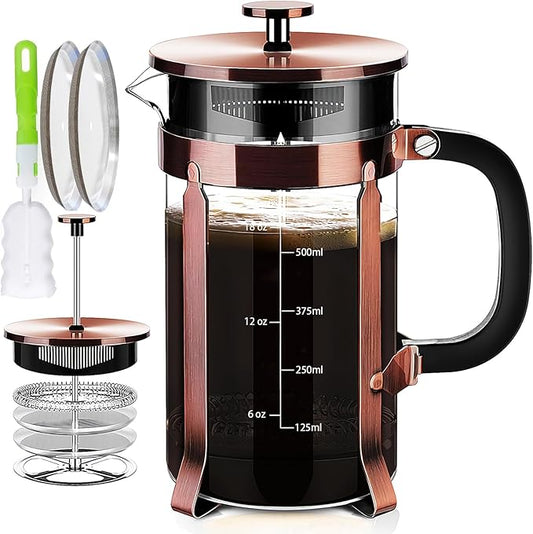 YMMIND French Press Coffee Maker 304 Stainless Steel Coffee Press,with 4 Filters System, Heat Resistant Thickness Borosilicate French Press Glass, BPA-Free Brewed Tea Pot Coffee Plunger(Copper 12oz)
