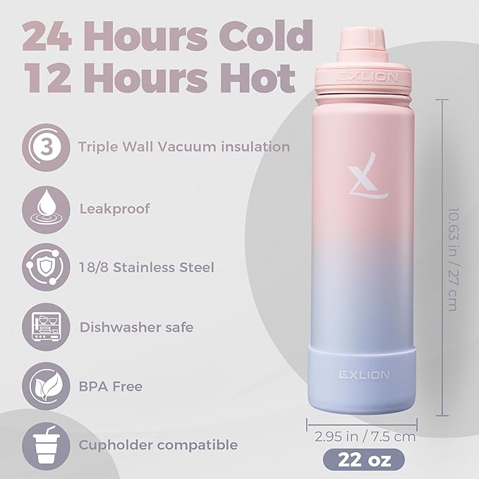 Lexlion Tea Infuser Water Bottle 22 Oz – Triple Wall Insulated Stainless Steel, Loose Leaf & Fruit Strainer, 3 Leakproof Lids, BPA-Free Silicone Sleeve, Reusable Thermal Mug