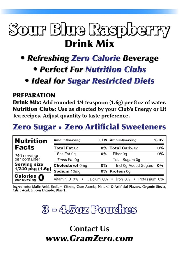 GramZero Sour Blue Raspberry Zero Calorie Sugar Free Drink Mix, Great For Nutrition Club Loaded Tea, Stevia Sweetened
