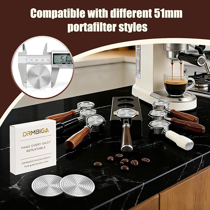 51mm Puck Screen 2 Pack, 0.8mm Thickness 150μm Reusable Espresso Puck Screen, Dual-Layer 316 Stainless Steel Coffee Filter Screen for 51mm Portafilter Basket, Even Extraction Barista Tool