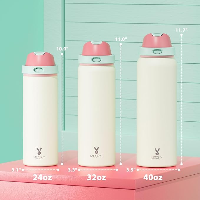 24 oz Insulated Water Bottle with Straw: Meoky Stainless Steel Metal Water Bottle with 2-in-1 Lid - Leak Proof, Cold for 24 Hours, Fits in Car Cup Holder, BPA-Free for Travel Sports Gym, Cream