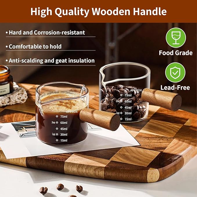 YARRAMATE 2.5 oz/75ML Espresso Shots Cup with Wood Handle (2 Pack), Clear Glass Espresso Measuring Cup, Espresso Shot Glass with Double V-Shaped Spout and Scale, Dishwasher Safe