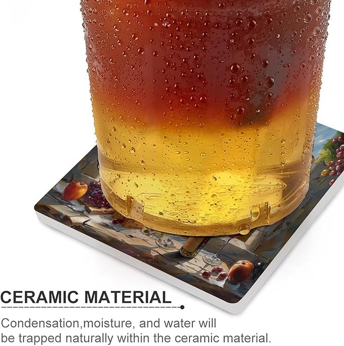 Square-6PCS Red Wine Ceramic Coasters, Square Absorbent Drink Coasters, Oil Painting Style Red Wine Grapes Sea Scenery Ceramic Table Coasters for Coffee, Beverage, Wine, Beer Coasters