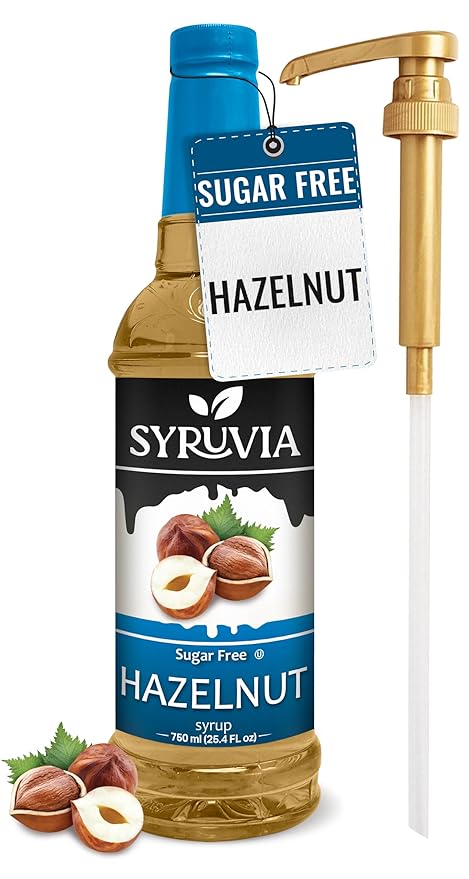 Syruvia Sugar Free Coffee Syrup, Hazelnut Flavored Syrup for Drinks, Lattes, and Desserts – 25.4 fl oz, With Pump