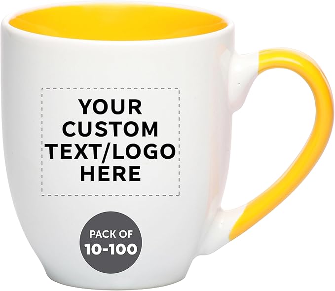 Custom Bistro Style Large Coffee Mugs 16 oz. Set of 10/50/100, Personalized Bulk Pack - Perfect for Coffee, Tea, Espresso, Hot Cocoa, Other Beverages - Yellow
