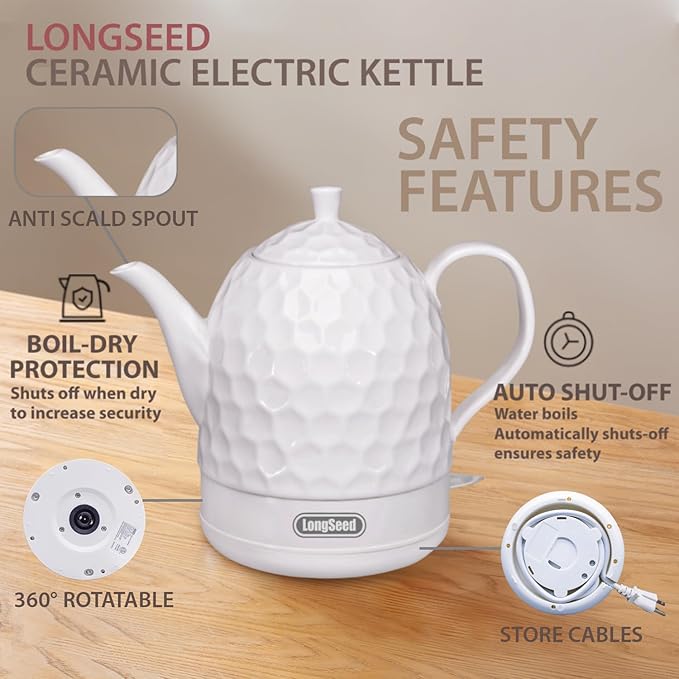 Ceramic Electric Kettle 1 Quarts, 1000W Hot Water Boiler, Automatic Shut-off, BPA-Free, Teapot Rapid Boil For Coffee & Tea, Boil-Dry Protection, White Gooseneck