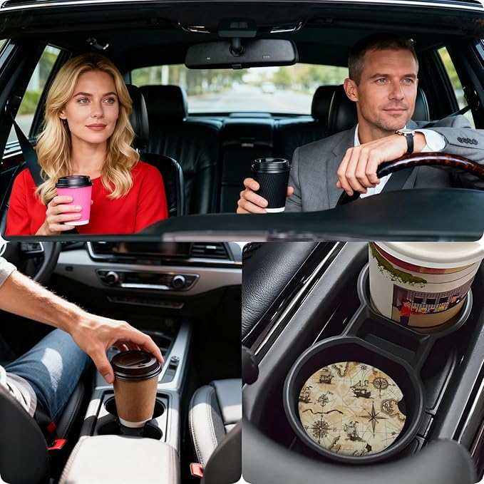 Car Cup Holder Coasters, 2 Pcs Ceramic Coasters with Finger Slot and Cork Back, Anti-Slip Shock Absorbing Women and Men Universal Car Accessories - Sailing